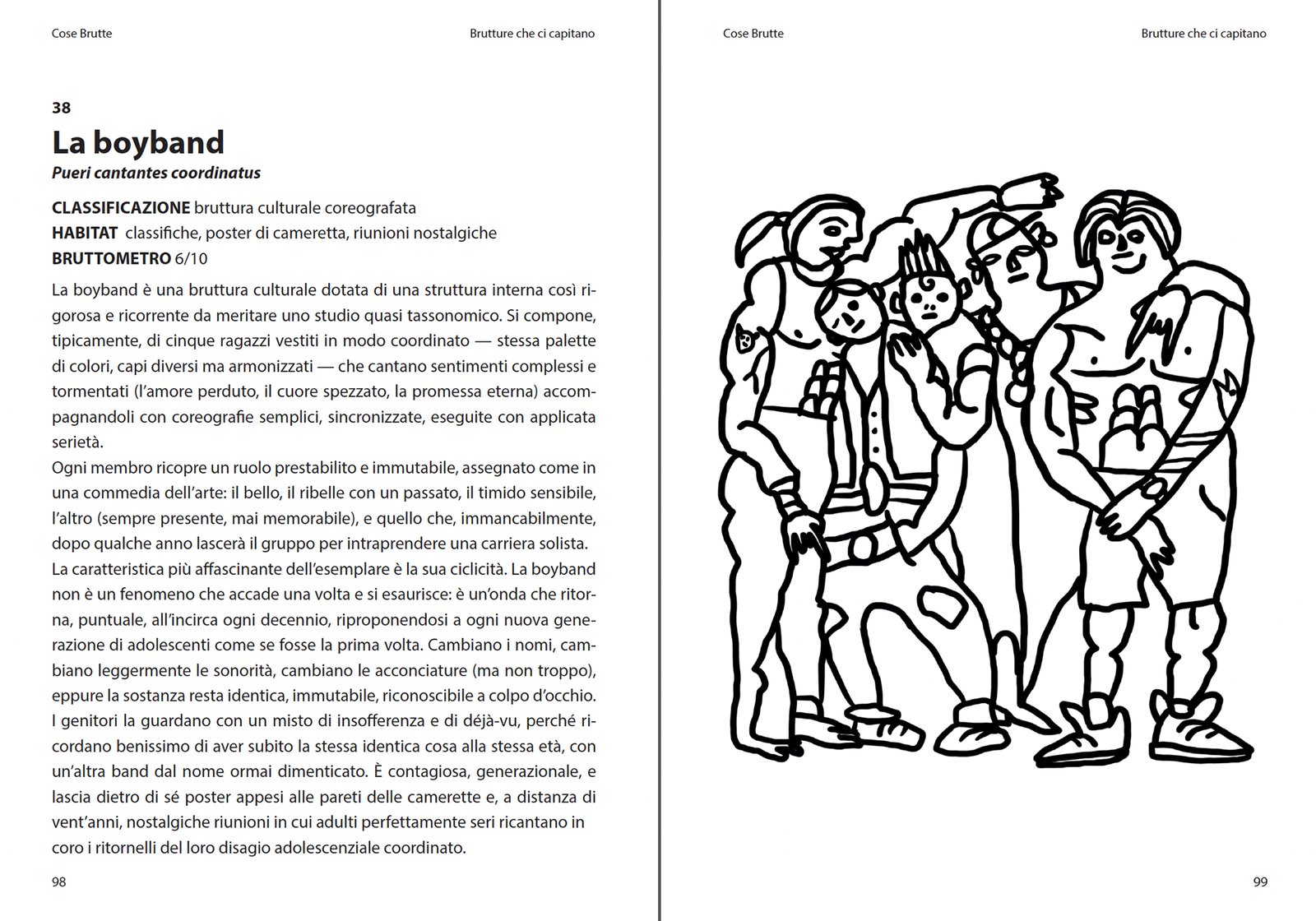 Doppia pagina di Cose Brutte: la scheda di La boyband e la tavola da colorare
