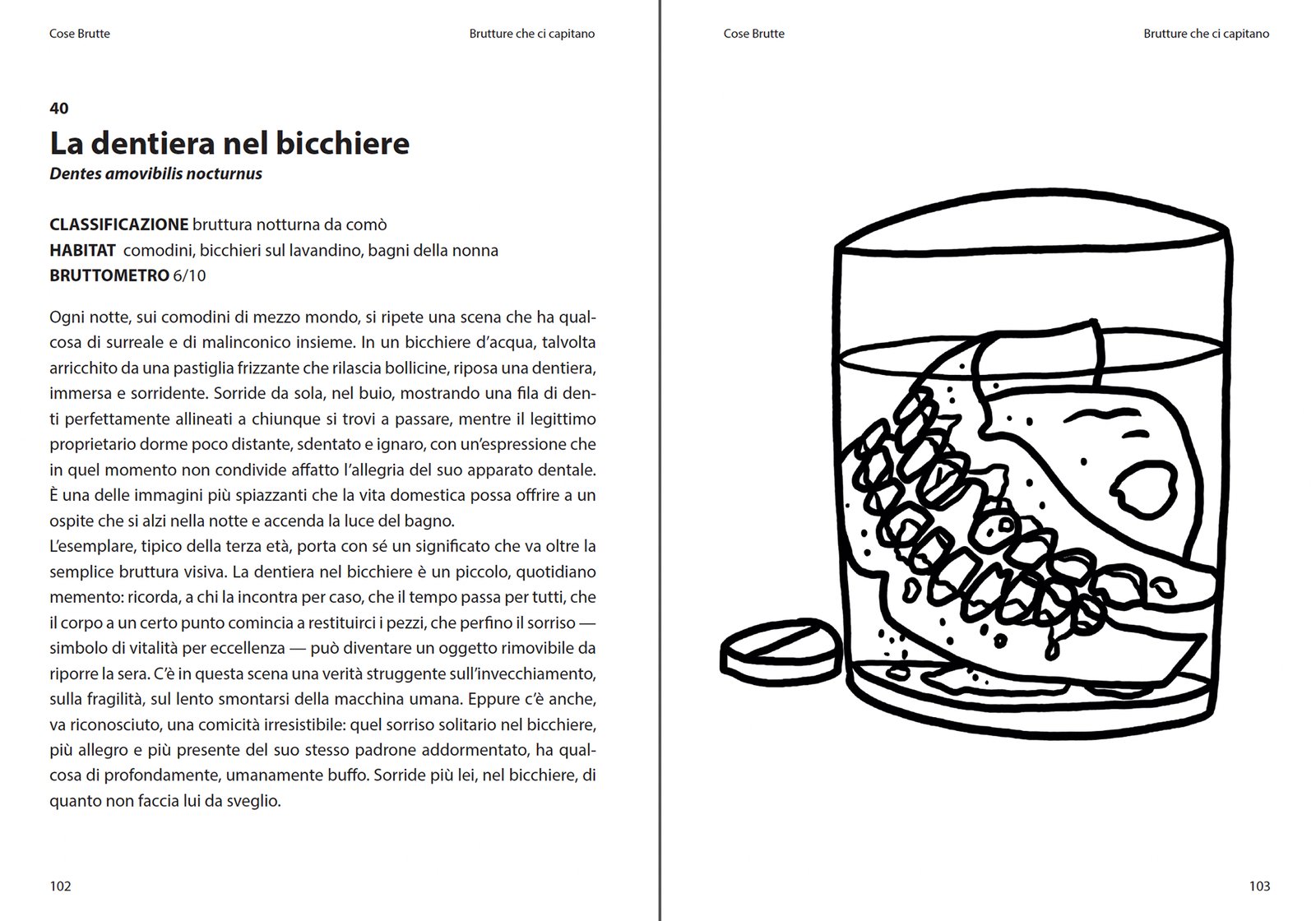 Doppia pagina di Cose Brutte: la scheda di La dentiera nel bicchiere e la tavola da colorare