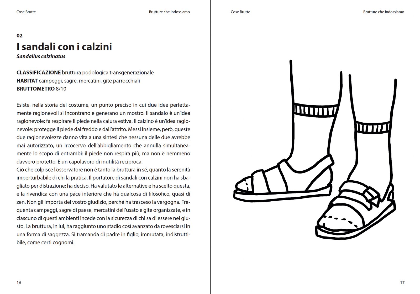 Doppia pagina di Cose Brutte: la scheda di I sandali con i calzini e la tavola da colorare